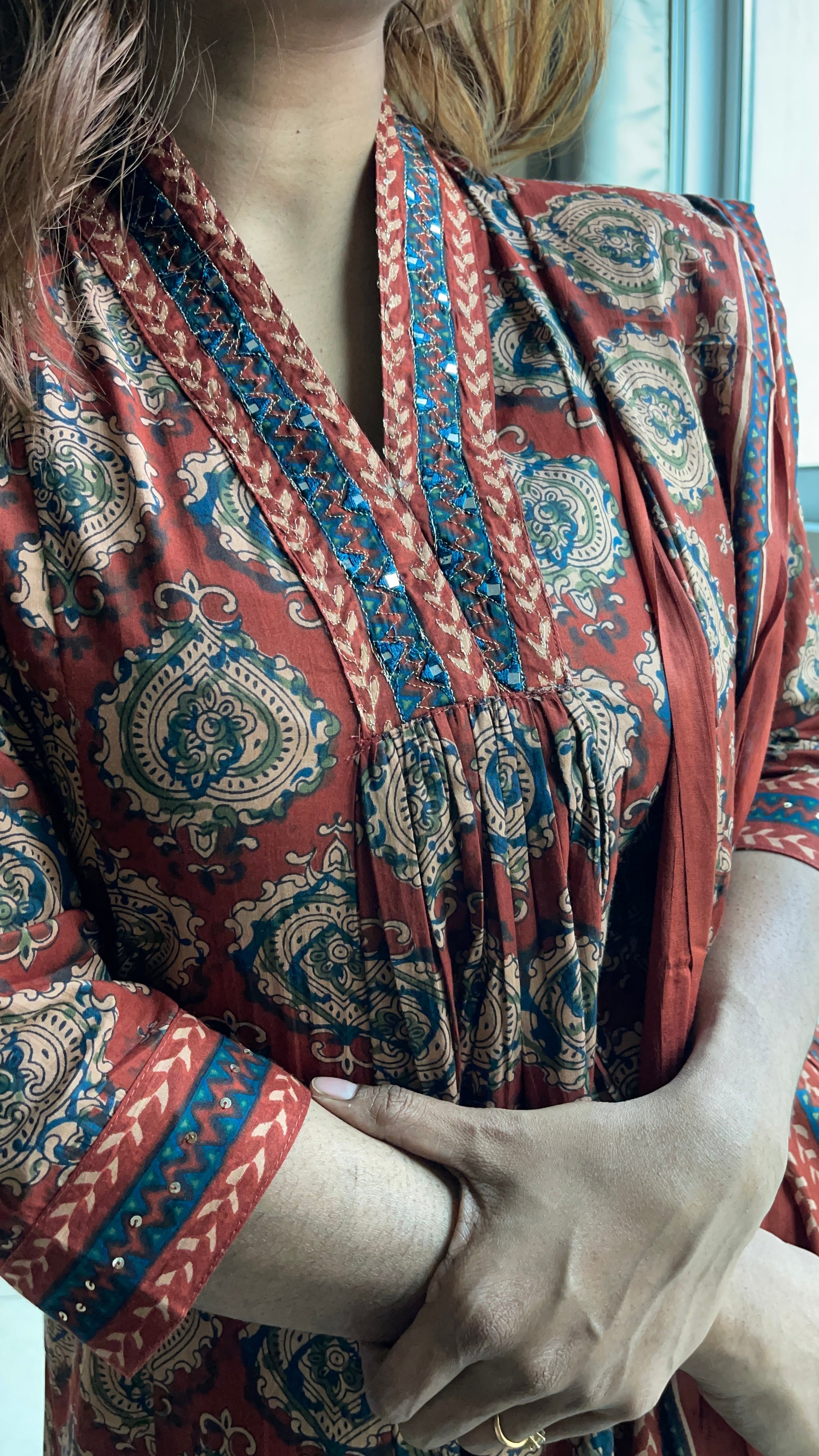 Cotton kalamkari V neck suit set