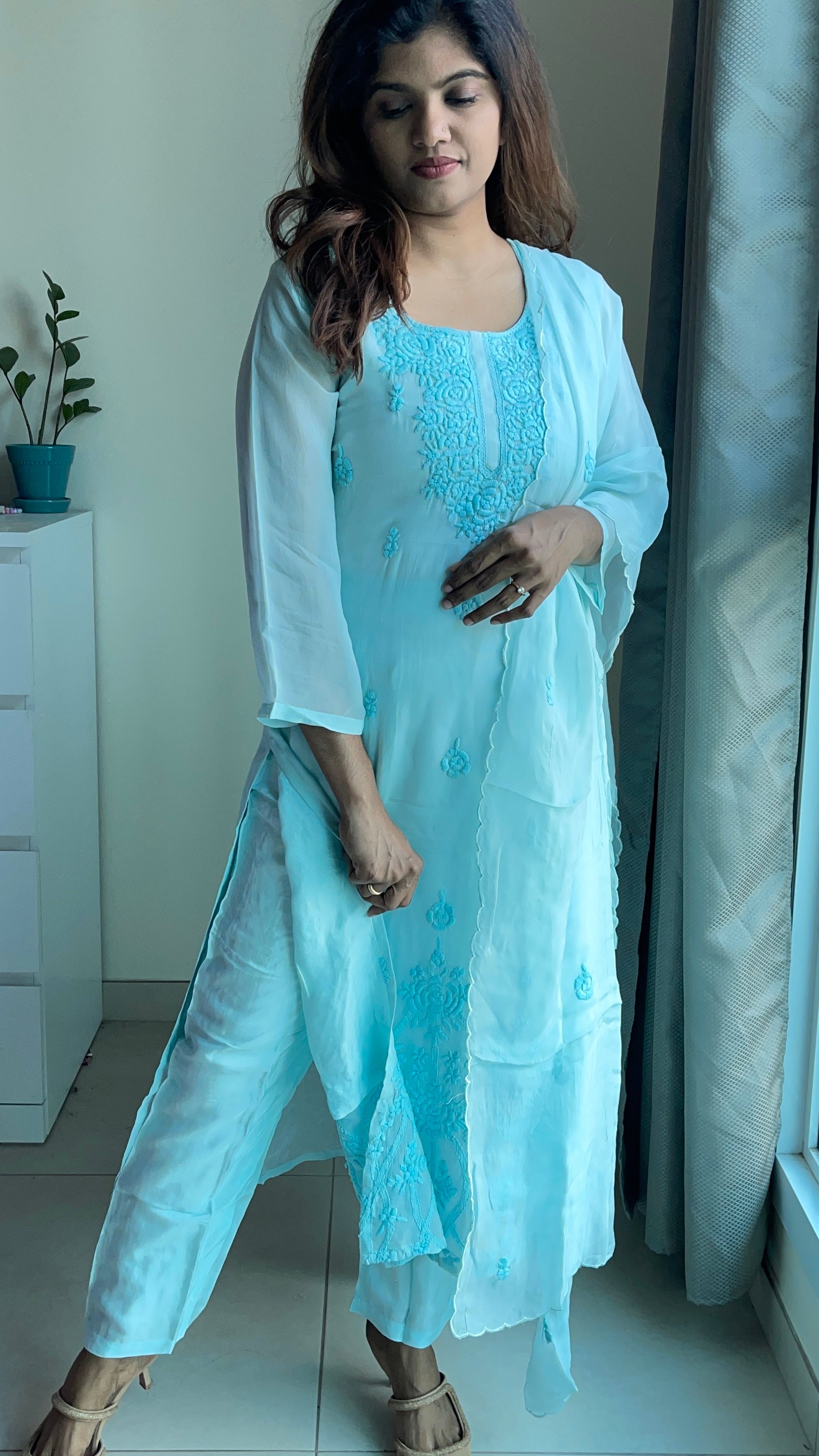 Soft organza hand embroidered chikankari suit set