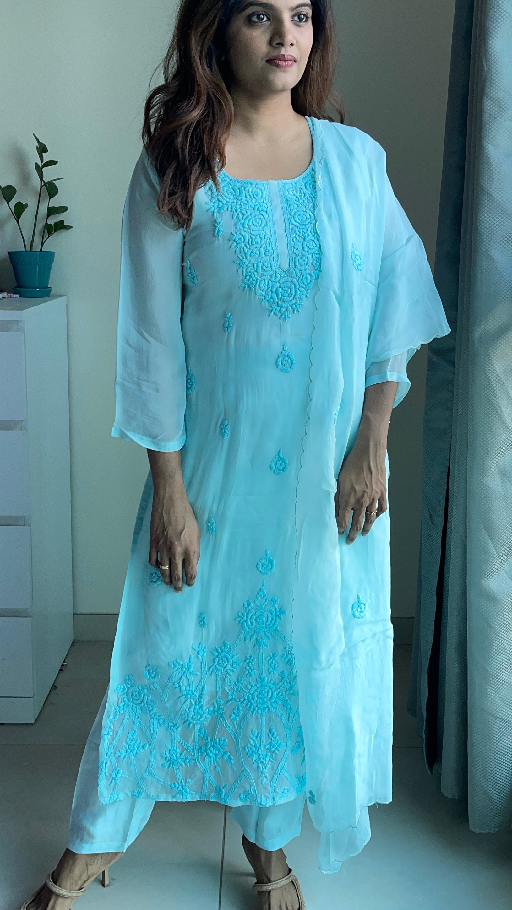 Soft organza hand embroidered chikankari suit set